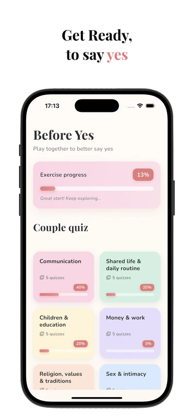 Before Yes app home screen showing solo and couples mode options