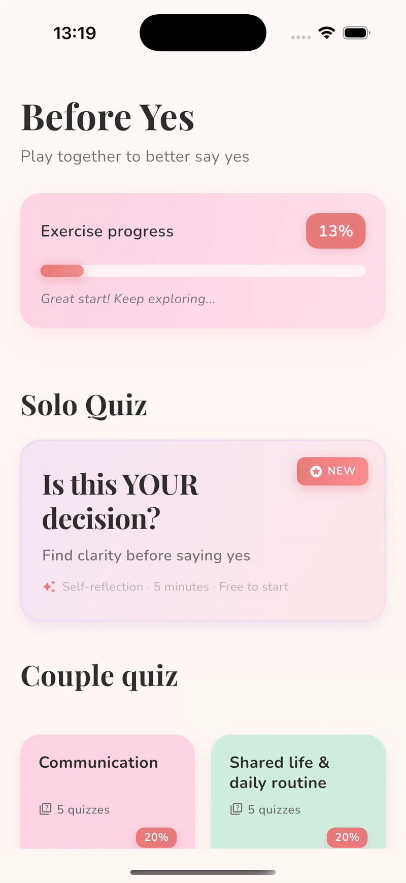 Before Yes app preview showing marriage readiness questions